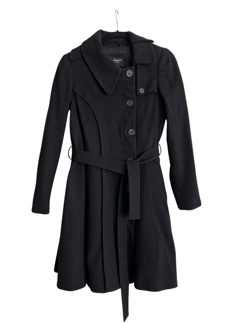 ALL SAINTS Spitalfields Gaza Black 100% Wool Belted Flared Coat 8 Gothic Grunge